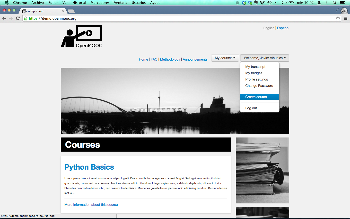 Dropdown menu by clicking user name to select Create course