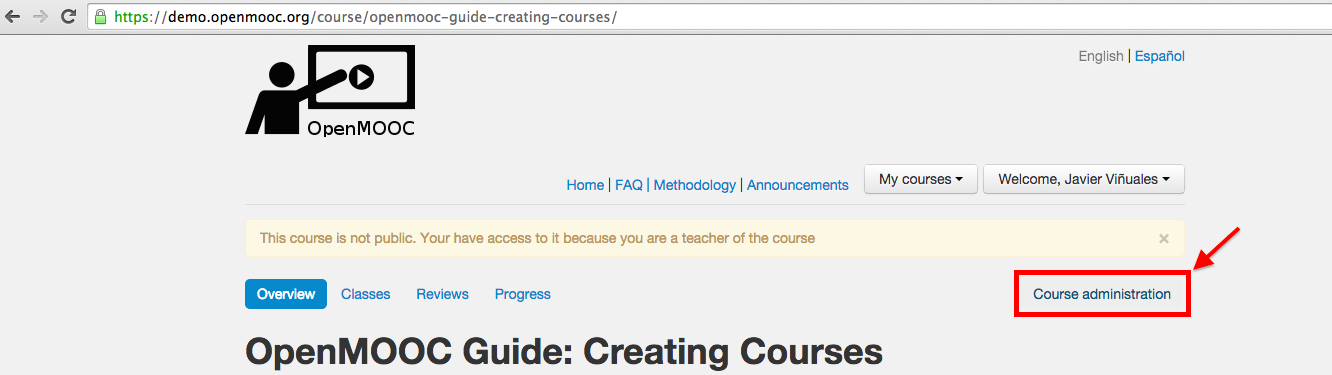 Course administration link in the course web page